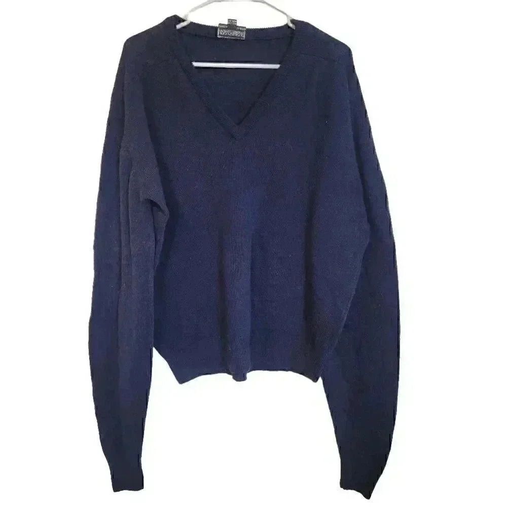 Lands' End Men's Navy 100% Lambswool V-Neck Vintage Sweater